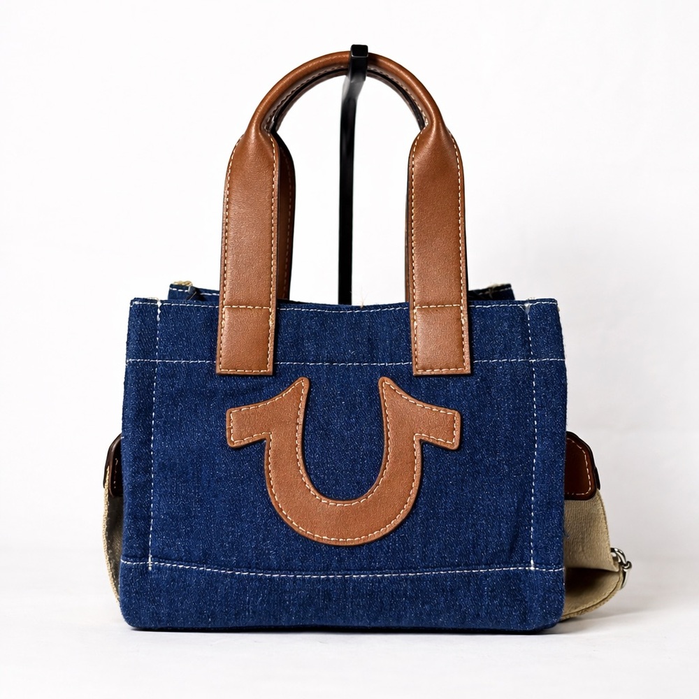 True Religion Denim Tote Bag Horseshoe Logo Brown Leather Handles